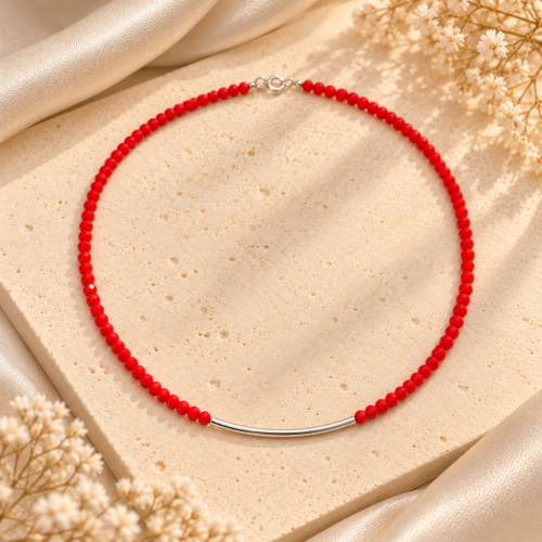 Collar rojo con barra plateada en piedra beige Collar Barrita